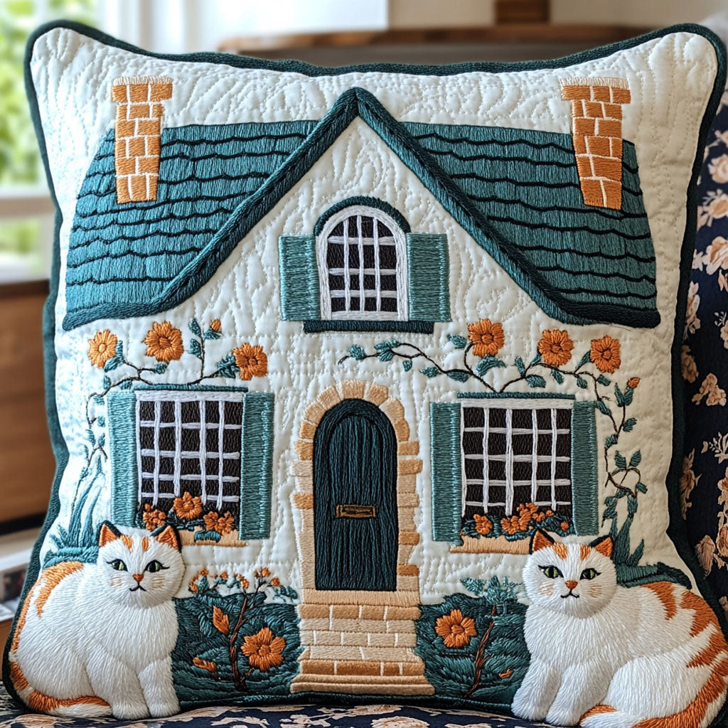 Cozy Cottage Cat Quilted Pillow Case Cute Throw Pillows Grandparent Christmas Gifts