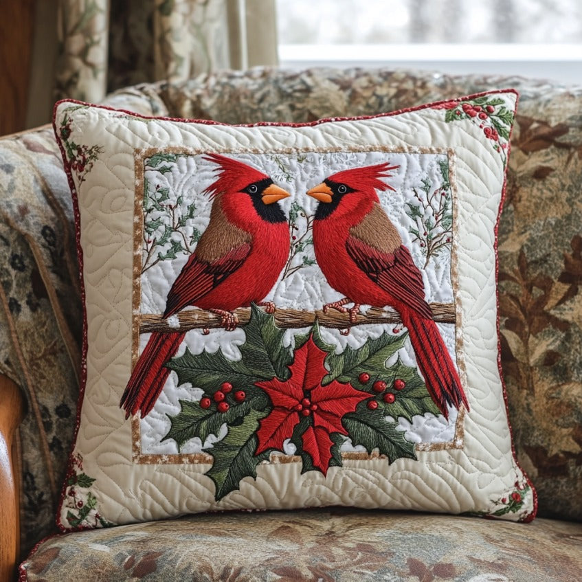 Poinsettia And Cardinals Quilted Pillow Case Holiday Sofa Pillows Great Xmas Presents For Her