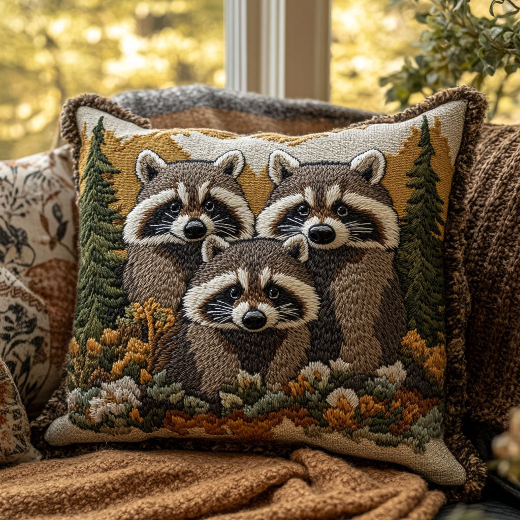 Raccoon Family Quilted Pillow Case Holiday Throw Pillows Grandparent Xmas Presents